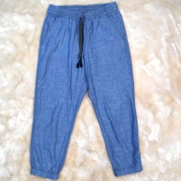 Point Sur Seaside Cotton Pants Sz 6 Blue High Waist Cropped Stretch Waist Comfy - Picture 2 of 11